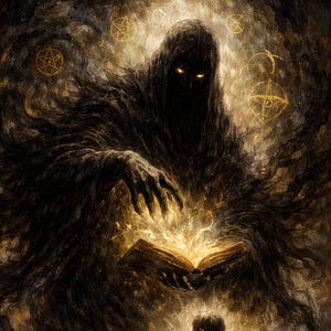 May include: A digital painting depicts a cloaked figure kneeling before a spectral entity. The entity, with glowing eyes, hovers above, its hand reaching towards an open, glowing book. Candles and arcane symbols add to the mystical atmosphere.