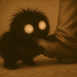 以下が含まれることがあります： 光る目をした小さな毛むくじゃらの生き物が、ジーンズを履いた人の足を噛んでいます。生き物は濃い茶色の毛皮で、目の光で照らされています。