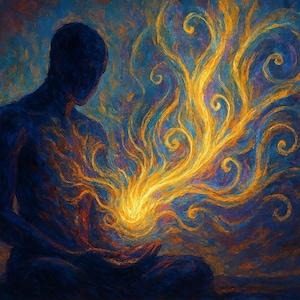 Puede incluir: Una persona en una postura meditativa con una luz brillante amarilla y dorada que emana de su pecho, rodeada de tonos azules y morados que se arremolinan.