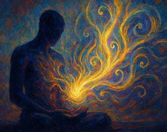 May include: A person in a meditative pose with a bright yellow and gold light emanating from their chest, surrounded by swirling blue and purple hues.