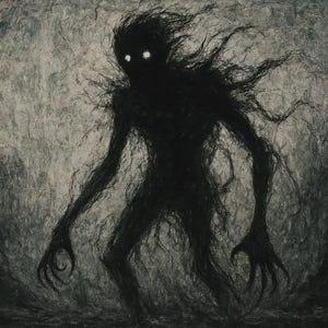 May include: A dark, shadowy humanoid figure with long, clawed fingers and glowing white eyes. The entity is composed of wispy, charcoal-colored strokes that create a textured, ethereal appearance against a muted, smoky gray background.