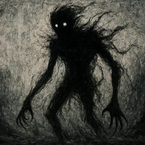 Puede incluir: Una figura sombría con ojos brillantes se encuentra en un fondo oscuro y texturizado. La figura está hecha de formas oscuras y tenues y parece estar extendiendo largas manos con garras.