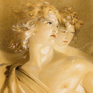 Pode incluir: Um desenho de duas figuras, ambas com cabelos longos e fluidos. A figura à esquerda está de frente para o observador, enquanto a figura à direita olha para a figura à esquerda. Ambas as figuras são representadas em uma luz suave e quente.