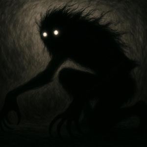 May include: A shadowy figure with glowing eyes emerges from the darkness, creating a sense of mystery and intrigue.