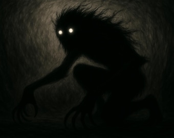 May include: A shadowy figure with glowing eyes emerges from the darkness, creating a sense of mystery and intrigue.