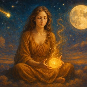 May include: A woman with long brown hair sits in a meditative pose, holding a glowing orb in her hands. The background is a starry night sky with a full moon.