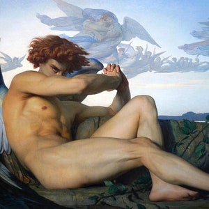 Könnte beinhalten: Ein klassisches Gemälde zeigt eine nackte Figur mit roten Haaren und großen Flügeln, die auf einem Felsen liegt. Engel schweben im Hintergrund vor blauem Himmel. Das Kunstwerk evoziert Themen der Mythologie und der menschlichen Form.