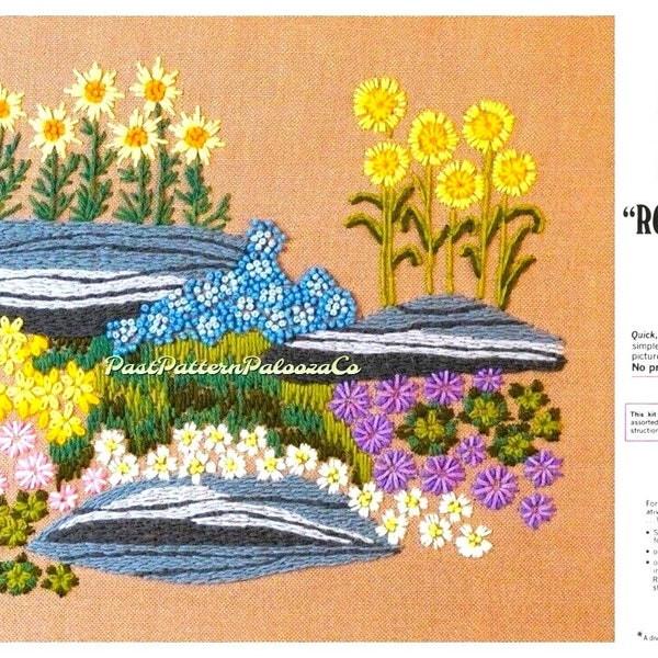 Vintage Crewel Embroidery Pattern Beautiful Rock Garden Flower Bed & Foliage Needlepoint PDF Instant Digital Download