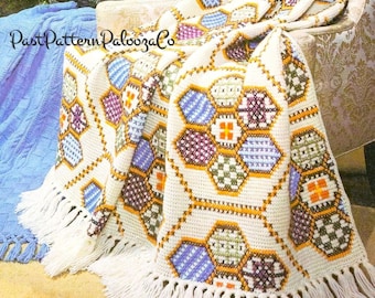 Vintage Crochet Afghan Pattern Patchwork Embroidered Tunisian Stitch PDF Instant Digital Download Hexagon Motif Design 63x78 10 Ply
