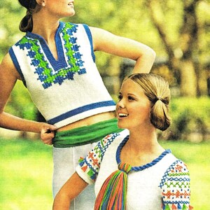 Vintage Knitting Pattern Womens Retro Crop Top Sweater Cross Stitch Tassel PDF Instant Digital Download Groovy Bohemian Peasant Pullovers