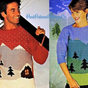 Könnte beinhalten: Zwei gehäkelte Pullover mit einem Winter-Bergpanorama-Design. Der Pullover links ist rot mit weißem Schnee und einer kleinen Hütte. Der Pullover rechts ist blau mit grünen Bäumen und einer braunen Hütte.