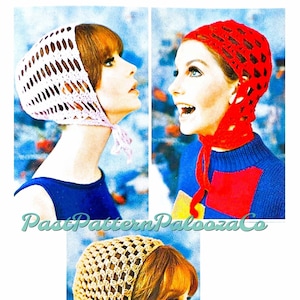 May include: Three vintage crochet hats in pink, red, and beige. Each hat has a lacy design and ties at the back of the neck.