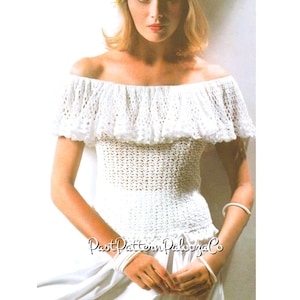 Vintage Crochet Pattern Womens Feminine Ruffles & Shells Cotton Top PDF Instant Digital Download Retro Summer Off Shoulder Ruffled Collar
