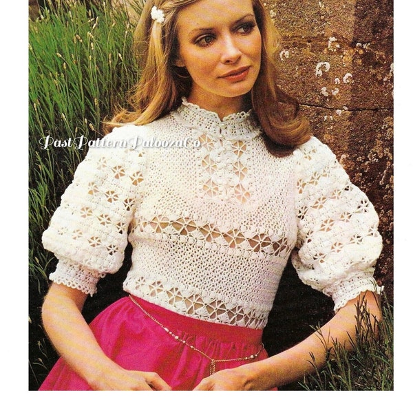 Vintage Crochet Pattern Lacy Victorian Top Romantic Puff Sleeved Blouse PDF Instant Digital Download 2 Ply Lace