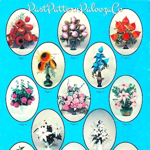 Peut inclure: Une collection de 14 arrangements floraux, chacun présenté dans un cadre circulaire avec un fond blanc et une bordure bleue. Les arrangements présentent une variété de fleurs, notamment des roses, des lys, des œillets et des iris. Chaque arrangement est étiqueté avec un numéro de page.