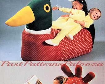 Vintage Childs Beanbag Cushion Chair Sewing Pattern Large Red Hen and Mallard Duck Sit On Ride On Fabric Toys PDF Instant Digital Download