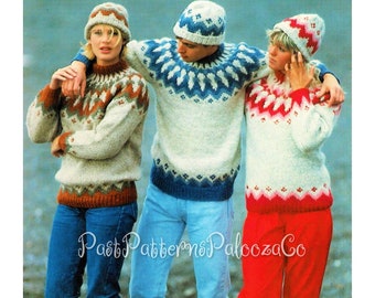 Vintage Knitting Pattern Nordic Lopi Icelandic Wool Pullover Knit Sweaters Hat & Legwarmers Set PDF Instant Digital Download Womens Mens