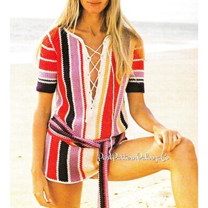 May include: A crochet top and shorts set with a striped pattern in shades of red, purple, white, and yellow. The top has a lace-up front and the shorts have a matching crochet belt.