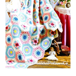 Vintage Crochet Afghan Pattern Hexagon Flower Granny Squares PDF Instant Digital Download Floral Motif Sampler Design 45x70 10 Ply