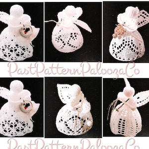 May include: Nine white crocheted angels with lace detailing. Each angel has a different embellishment, including a heart, a flower, and a pin. The angels are arranged in a grid pattern on a black background. "PastPatternPaloozaCo" is written in pink letters at the top and bottom of the image.