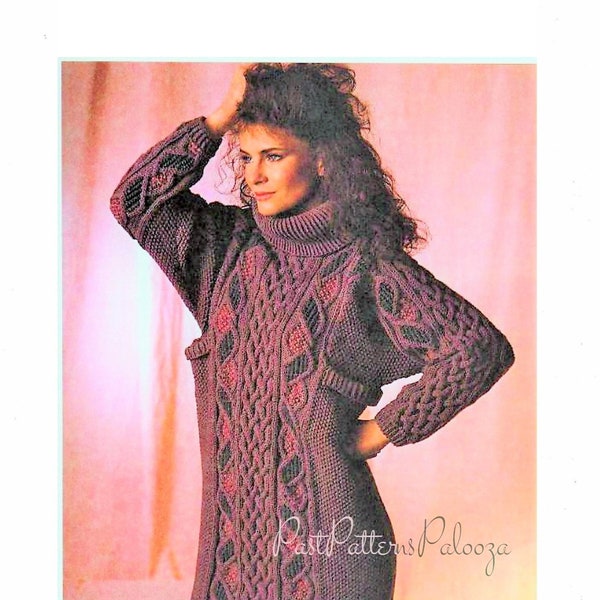 Vintage Knitting Pattern Womens Aran Knit Cable Paneled Sweater Dress PDF Instant Digital Download Cowl Neck Jumper Retro '80s Chic 10 Ply