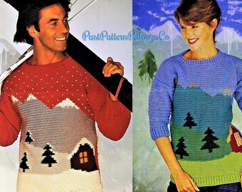 Vintage Crochet Pattern Northern Mountains Picture Sweater Winter and Summer Scene Versions PDF Instant Digital Download Unisex DK