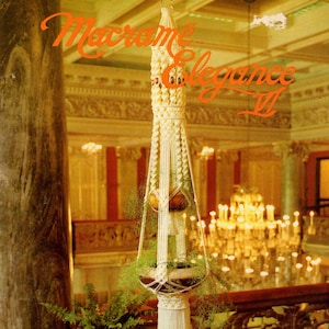 May include: A white macrame plant hanger with a tassel, hanging in a grand room with a chandelier. The title "Macrame Elegance II" is visible in the top right corner of the image. The text "Embellissement" is visible in the bottom right corner of the image.