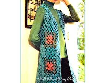 Vintage Crochet Pattern Womens Long Boho Granny Square Maxi Vest Duster Jacket PDF Instant Digital Download Groovy 70s Mod Flared Waistcoat