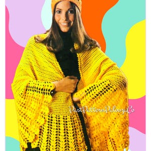 May include: A woman wearing a yellow crocheted shawl and matching hat. The shawl has a scalloped edge and flared sleeves. The hat is a close-fitting, open-weave design. The background is a colorful abstract pattern.