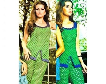 Vintage Crochet Pattern Lacy Tank Trouser Suit Pantsuit Outfit PDF Instant Digital Download 70s Boho Patio Set Summer Shells Pant Suit