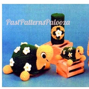Vintage Crochet Pattern Turtles & Daisies Bathroom Decor Set 5 Piece PDF Instant Digital Download Tissue Box Toilet Roll Holders Soap Cover