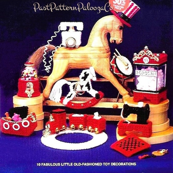 Vintage Plastic Canvas Pattern Mini Antique Toys PDF Instant Digital Download 10 Designs Popcorn Machine Phone Rocking Horse Hat Train