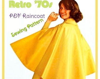 Vintage Sewing Pattern Womens Retro Raincoat PDF Instant Digital Download Groovy Boho Rain Coat Water Resistant Swing Cape