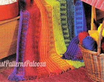 Vintage Knitting Pattern Rainbow Stripe Bands Afghan Blanket PDF Instant Digital Download Scrap Yarn Throw 10 Colors 10 Ply