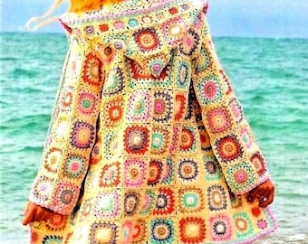 Vintage Crochet Pattern Womens Granny Square Hooded Jacket Patchwork Cardigan Coat PDF Instant Digital Download Retro Boho 4 Ply