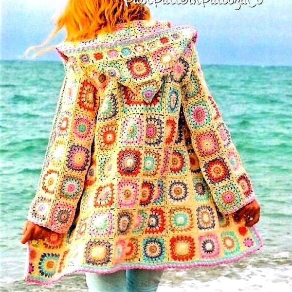Vintage Crochet Pattern Womens Granny Square Hooded Jacket Patchwork Cardigan Coat PDF Instant Digital Download Retro Boho 4 Ply