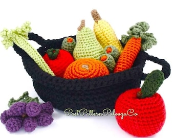 Vintage Crochet Pattern Fruits and Vegetables Basket PDF Instant Digital Download Soft Toy Food 9 Yummy Designs Play or Display  10 Ply