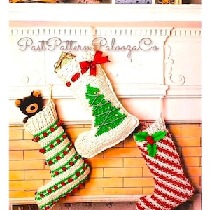 Vintage Crochet Patterns 14" Keepsake Christmas Stockings Candy Cane Stripes Tree Popcorn Stitch PDF Instant Digital Download