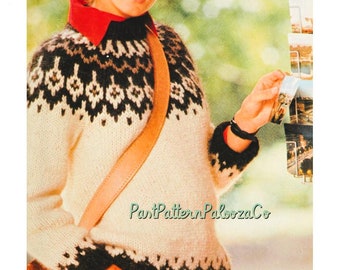 Vintage Knitting Pattern Womens Traditional Nordic Icelandic Sweater Fair Isle Yoke Pullover Jumper PDF Instant Digital Download Chunky Yarn