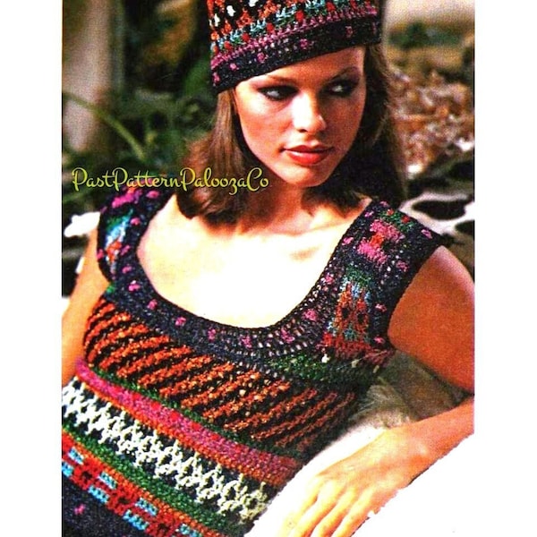 Vintage Crochet Pattern Womens Retro Boho Sweater Top and Hat Sets PDF Instant Digital Download Short Jumpers Hippie Boho Chic 5 Ply