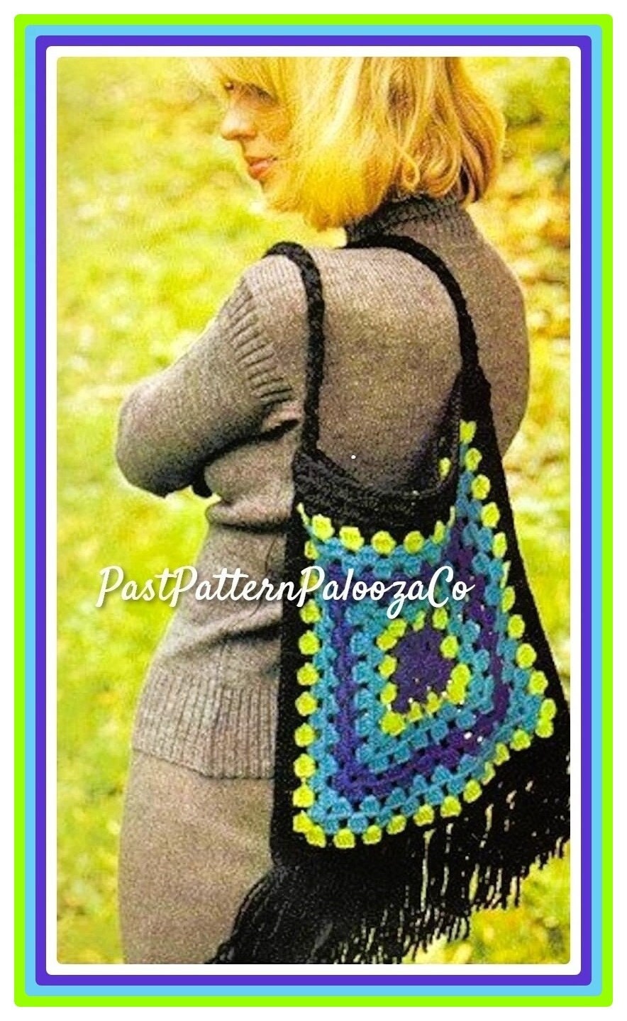 Vintage Crochet Pattern Large Granny Square Shoulder Bag Tote Hippie ...