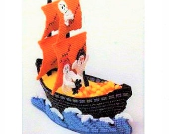 Vintage Plastic Canvas Pattern Ghost Candy Ship PDF Instant Digital Download Halloween Party Ghost Pirate Ship Holder Centerpiece Decor