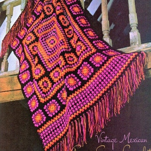 Vintage Crochet  Pattern Bright Mexican Granny Square Afghan Coverlet PDF Instant Digital Download Crocheted Colorful Throw Blanket 40x60