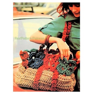 May include: A crocheted tote bag with a brown base and colorful flower accents. The bag is made with a variety of stitches and textures, creating a unique and stylish design.