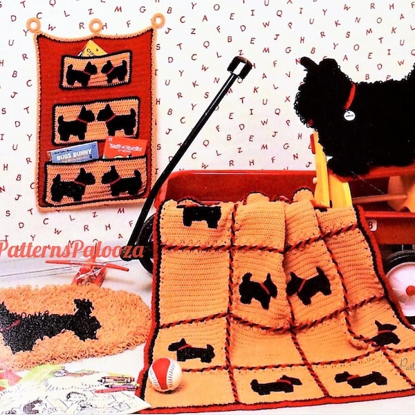 Vintage Crochet Pattern Scottie Dog Afghan Wall Hanging Pillow Toy Rug Set PDF Instant Digital Download Cute Doggie Room Decor 10 Ply