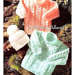 Vintage Knitting Pattern Baby to Toddler Braid Cable Cardigan Sweater Hat Set PDF Instant Digital Download Jumper 0 - 4 Years DK 8 Ply