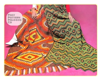 Vintage Crochet Pattern Retro Granny Square Afghans Large Diamond & ZigZag Ripple PDF Instant Digital Download