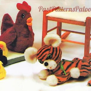 Vintage Sewing Pattern Sewn Tabby Tiger and Hen with Chicks Chickens Soft Sculpture Toys PDF Instant Digital Download Plush Animal Toys