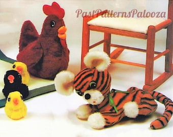 Vintage Sewing Pattern Sewn Tabby Tiger and Hen with Chicks Chickens Soft Sculpture Toys PDF Instant Digital Download Plush Animal Toys