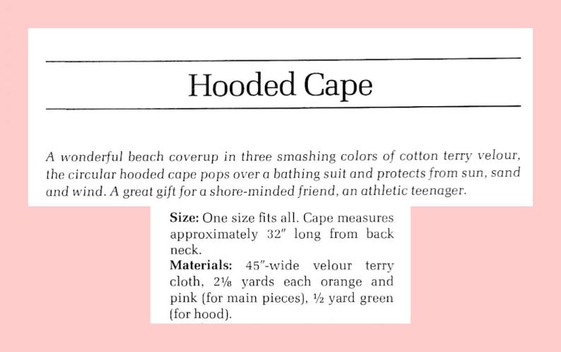 K&ouml;nnte beinhalten: Ein Dokument mit dem Titel Hooded Cape, das einen kreisf&ouml;rmigen Strand&uuml;berwurf aus Baumwoll-Frottee-Velours beschreibt. Der Text gibt eine Einheitsgr&ouml;&szlig;e von ca. 81 cm L&auml;nge ab dem Nacken an und listet die Materialanforderungen auf.